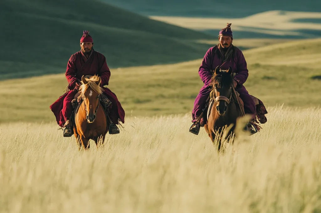 Two men in traditional Mongolian attire ride horses across a vast, golden steppe.  The riders, wearing deep purple robes and hats, are silhouetted against the sunlit horizon.  The tall grass reaches their horses' knees, creating a peaceful and serene scene of nomadic life.  The rolling hills in the background emphasize the expansive nature of the landscape.