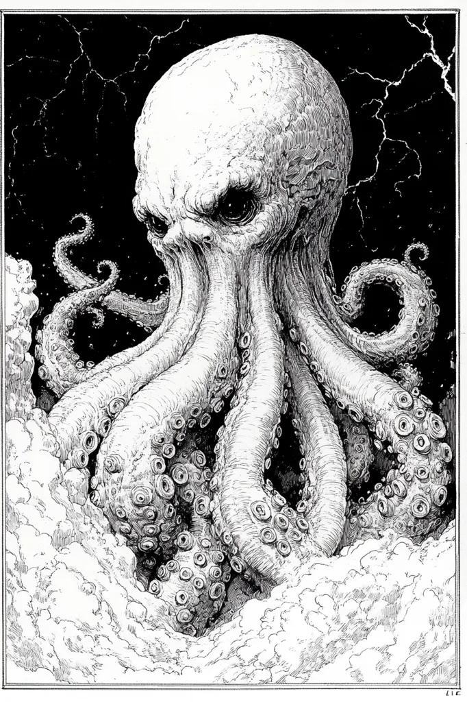 A detailed black and white illustration depicts a monstrous, bulbous-headed octopus emerging from a cloud-like substance.  Its numerous tentacles are thick and textured, adorned with numerous suckers. The creature's face is menacing, with deep-set eyes and a scowling expression. The background is dark and stormy, enhancing the ominous atmosphere. The style is reminiscent of classic monster illustrations, highly detailed and unsettling.