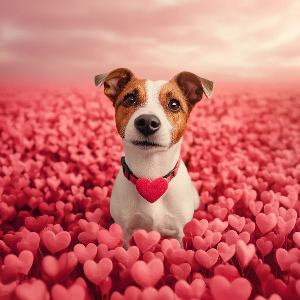 An adorable Jack Russell Terrier sits amidst a field of small, pink hearts.  The dog wears a red collar with a heart-shaped charm, adding to the Valentine's Day theme.  Its expressive eyes gaze directly at the viewer, creating a heartwarming and romantic image. The soft, pastel background enhances the overall sweet and loving atmosphere.