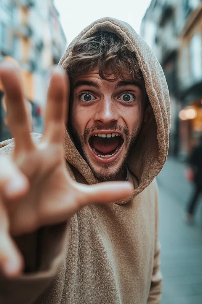 A young man with brown curly hair, wearing a tan hoodie, extends his hand towards the camera with a surprised and slightly scared expression. His mouth is open in a yell, and his eyes are wide. The background is blurred, showing a city street.  The image has a candid, almost snapshot quality.