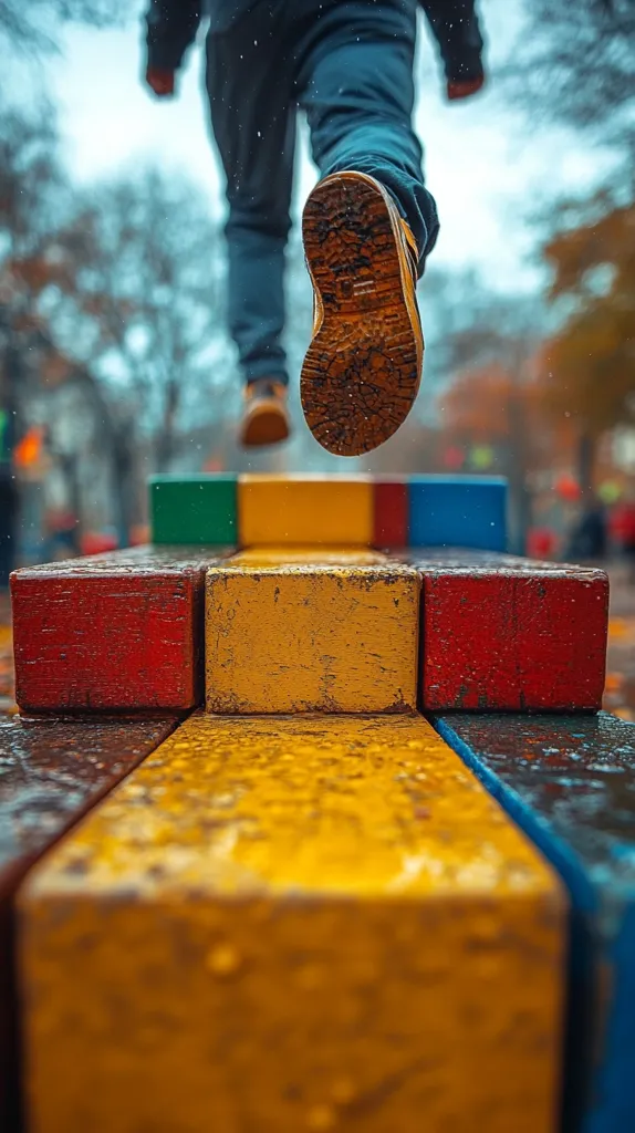 A person's legs and feet are in focus as they step onto a colorful, low wooden obstacle course. The person is wearing jeans and sneakers. The blocks are various colors, including red, yellow, green, and blue.  The background is blurred, showing trees and a slightly overcast sky. The image evokes a sense of movement and playful activity.