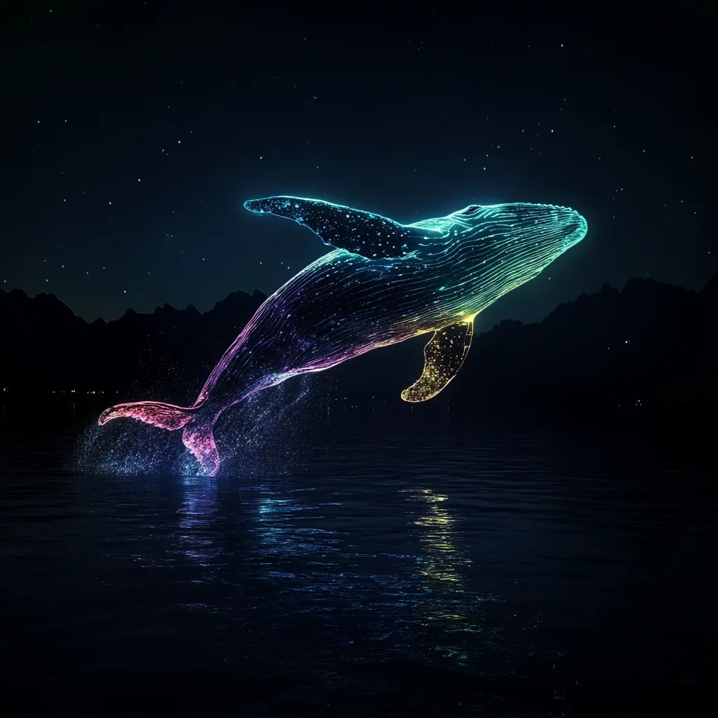A vibrant, rainbow-colored whale, seemingly made of light and particles, leaps from dark, still water.  The whale's silhouette is detailed, with a starry night sky and silhouetted mountains forming a dramatic backdrop.  Water splashes around its tail as it gracefully breaks the surface, creating a captivating and surreal scene.