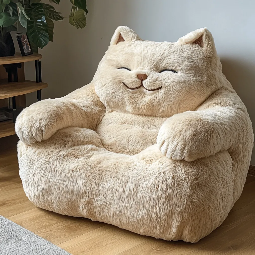 A large, plush cream-colored cat-shaped armchair sits on a light wood floor.  The chair is incredibly soft and fluffy, with oversized arms and a smiling cat face embroidered on the front.  Its relaxed posture and soft texture suggest ultimate comfort and coziness. The background features a simple wooden shelf and a leafy green plant.