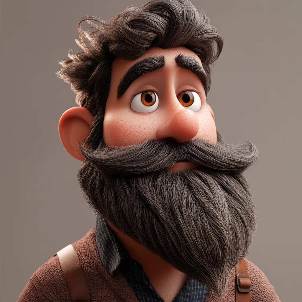 A 3D-rendered cartoon man with a large, bushy beard and mustache is depicted. He has dark hair, large expressive orange eyes, and a slightly pensive expression.  His brown sweater and leather straps suggest a rugged, outdoorsy style.  The rendering is highly detailed, showcasing realistic hair and skin textures. The overall style is friendly and approachable.