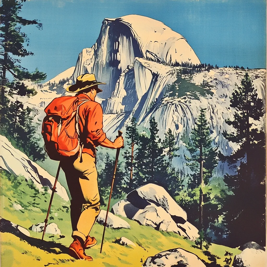 A hiker with a red backpack and trekking poles stands admiring Half Dome in Yosemite National Park. The vibrant painting showcases the majestic granite cliff face, surrounded by lush greenery and towering pine trees. The hiker's attire and equipment suggest a journey into the wilderness, capturing the spirit of adventure and exploration in this iconic American landscape.