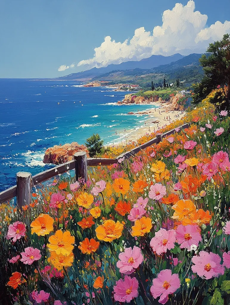 A vibrant painting depicts a coastal scene with a wooden fence separating a field of colorful wildflowers from a stunning ocean view.  The ocean is a deep blue, gently lapping against a sandy beach where people are enjoying the sun.  Rolling hills and mountains form a picturesque backdrop under a partly cloudy sky. The wildflowers are predominantly orange, pink, and yellow, creating a cheerful contrast to the tranquil sea.