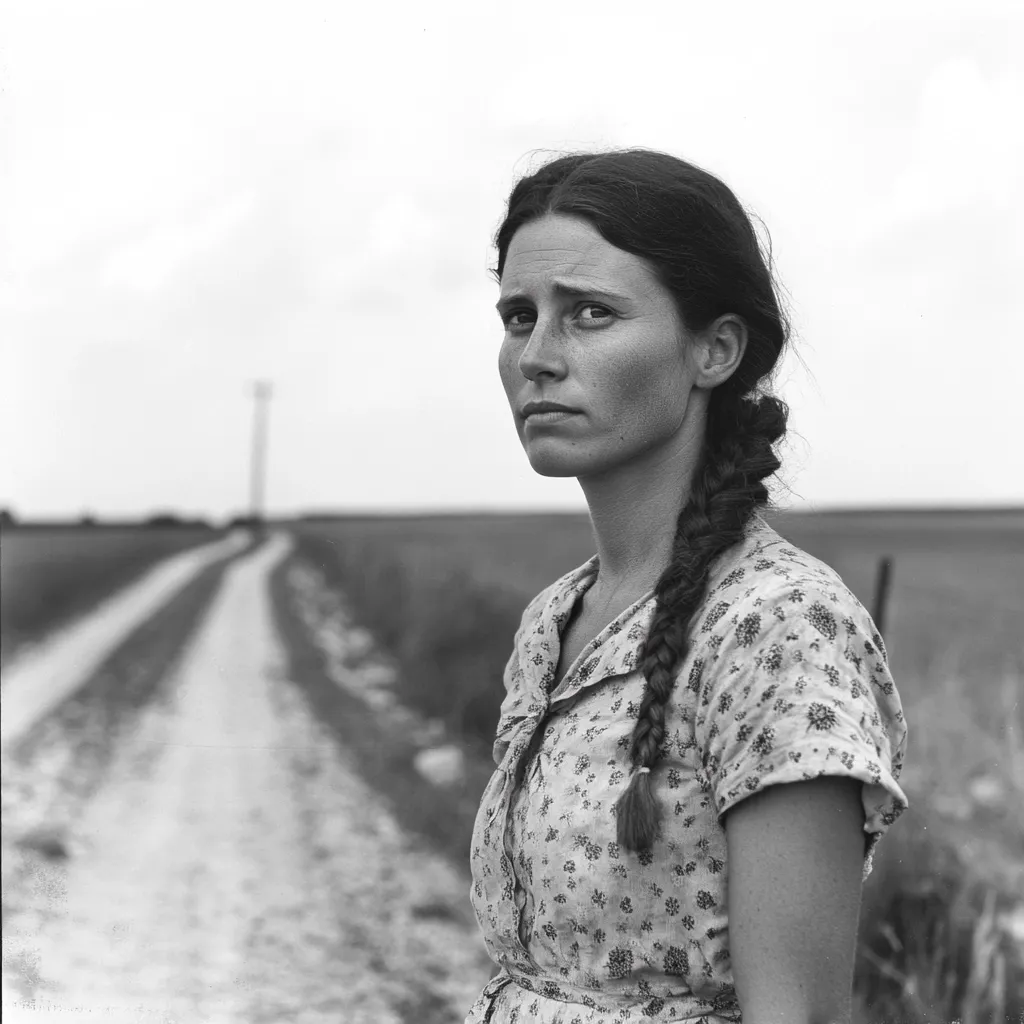 A black and white portrait of a young woman with a serious expression. She wears a floral-print dress and her dark hair is braided down her back.  She stands beside a dirt road that stretches into the distance across a flat, rural landscape. The overall mood is contemplative and slightly melancholic.