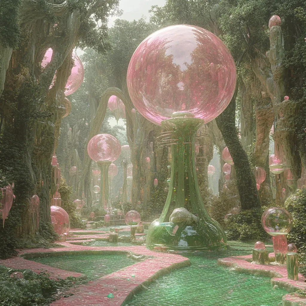 A whimsical, surreal forest path winds through a landscape of large, translucent pink orbs mounted on green glass stems.  Smaller, similar orbs are scattered throughout, creating a magical atmosphere.  The trees are draped in moss and vines, and the ground is a mosaic of pink pathways and a reflective, green pool of water.  The scene evokes a sense of fantasy and wonder.