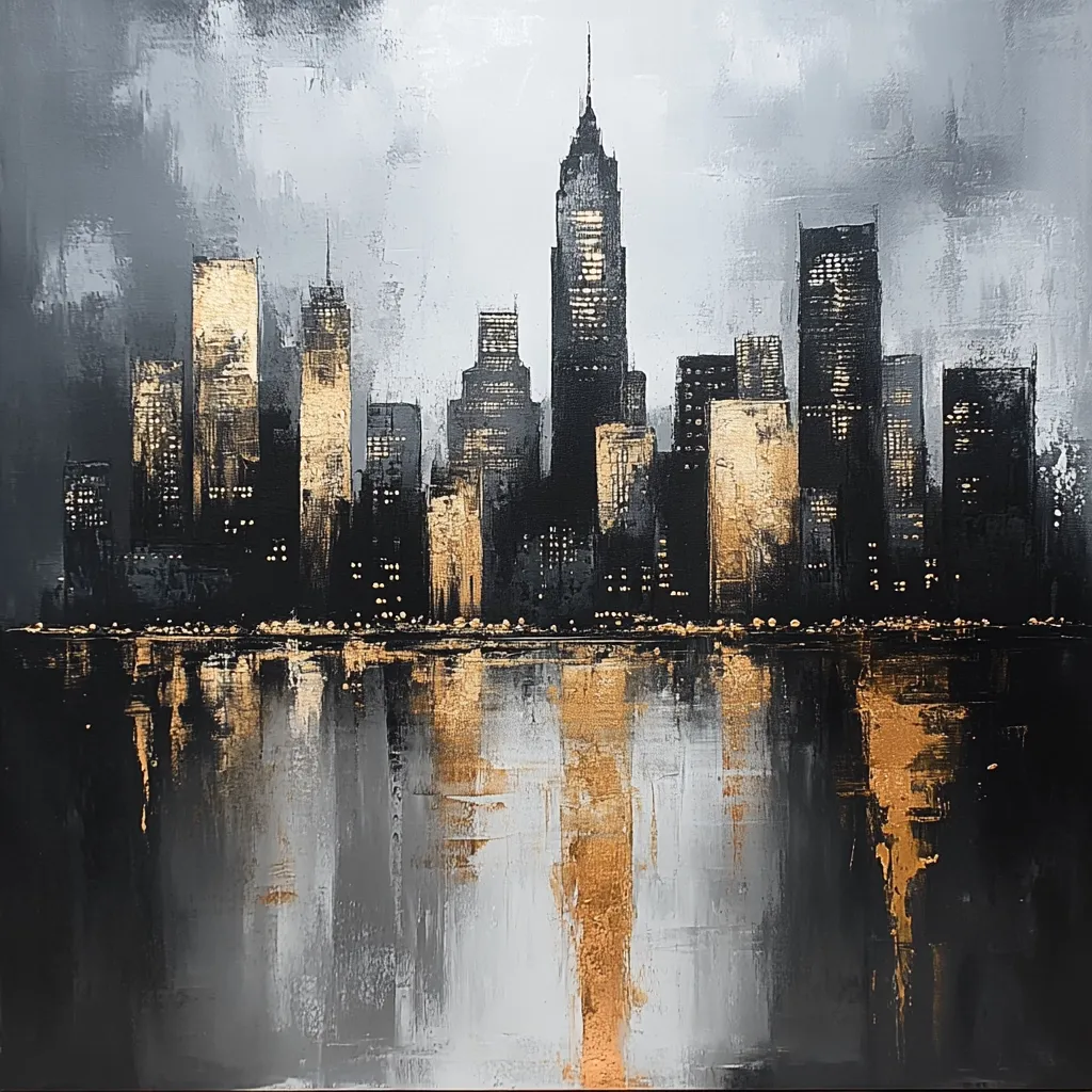 A stylized cityscape painting in shades of black, grey, and gold.  The city skyline, featuring a prominent skyscraper, is reflected in a calm body of water below.  The artist uses a textural, impasto style, with visible brushstrokes and a blend of dark and light tones creating a sense of depth and atmosphere. Gold accents add a touch of luxury and highlight certain buildings.  The overall mood is sophisticated and moody.