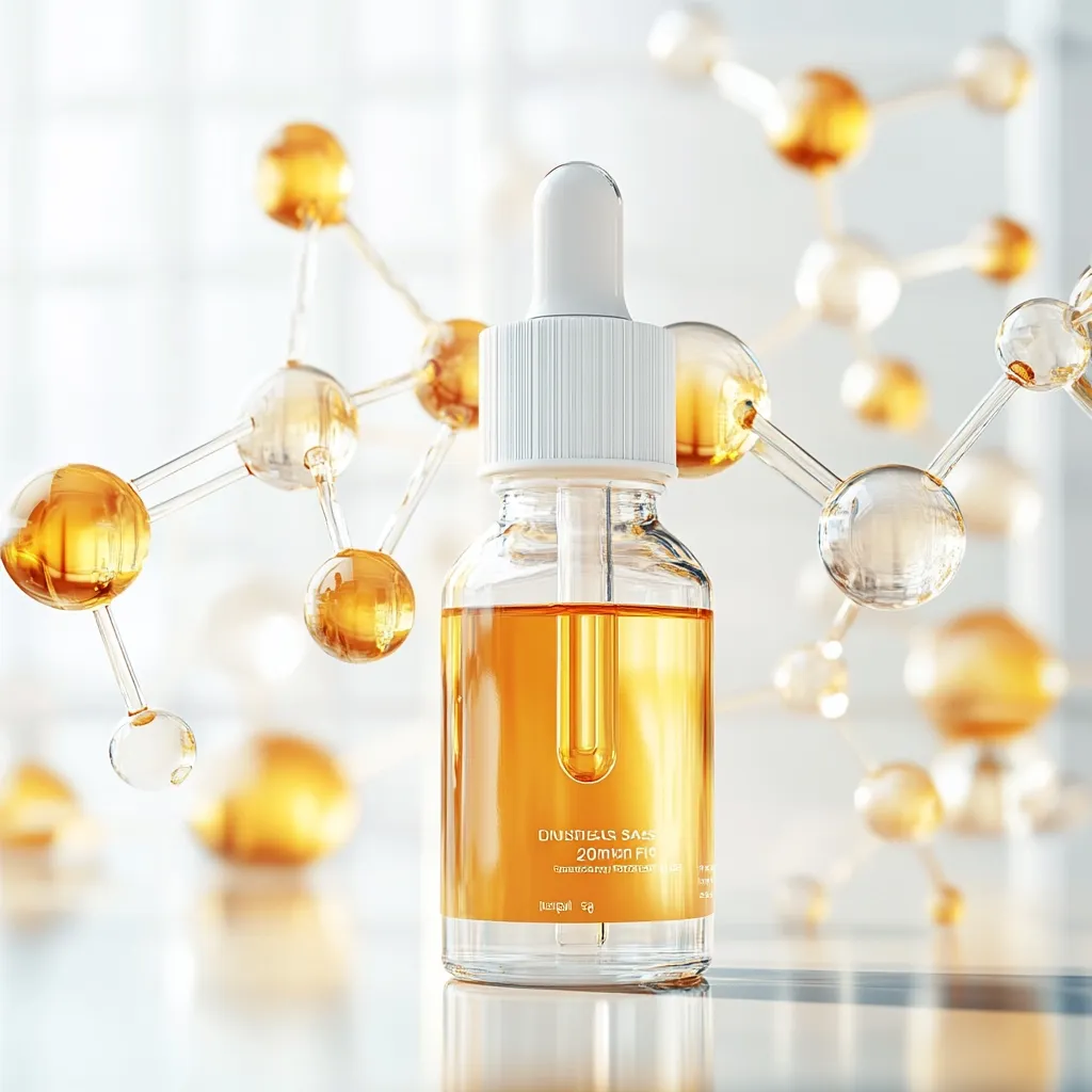 A clear glass bottle with a white dropper top contains a golden amber liquid.  The bottle sits on a reflective surface against a blurred background featuring abstract molecular structures with glowing amber spheres, suggesting a scientific or cosmetic product.  The label indicates "DNSTILS SERUM 20ml" and other small text.  The overall aesthetic is clean, modern, and high-end.