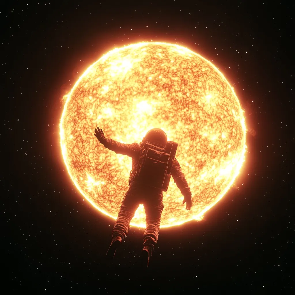 An astronaut floats in the inky blackness of space, arms outstretched, silhouetted against a massive, fiery sun.  The sun's intense orange and yellow glow illuminates the astronaut's space suit, creating a dramatic contrast against the dark background speckled with distant stars. The scene evokes a sense of awe and the vastness of the cosmos.