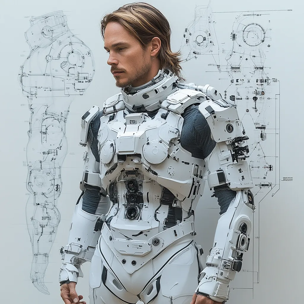 A man with long brown hair stands in a futuristic, white exoskeleton suit.  The suit is highly detailed, with visible mechanical components and wiring.  Behind him are technical blueprints, showing the suit's design schematics. The overall aesthetic suggests a science fiction setting, possibly a technological advancement in human augmentation or powered armor. The man's expression is serious and contemplative.