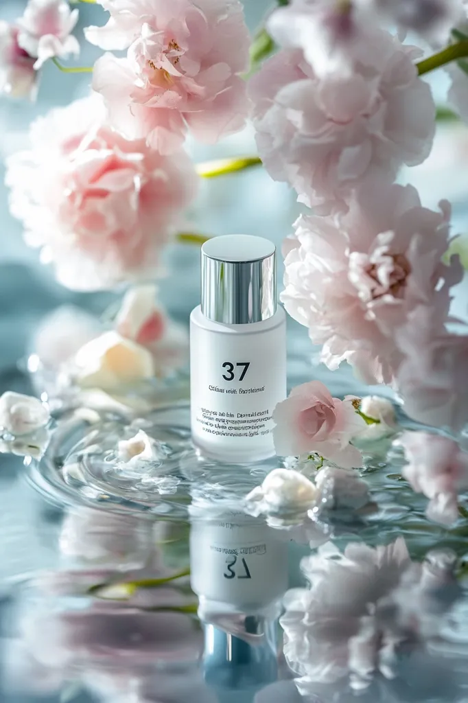 A bottle of "37 Citrus vibe fortissimo" sits nestled amongst delicate pink blossoms floating on water. The elegant, minimalist bottle reflects in the water's surface, creating a serene and luxurious image. The soft pastel colors and gentle ripples enhance the product's delicate and calming essence.  The scene evokes a feeling of freshness and tranquility.