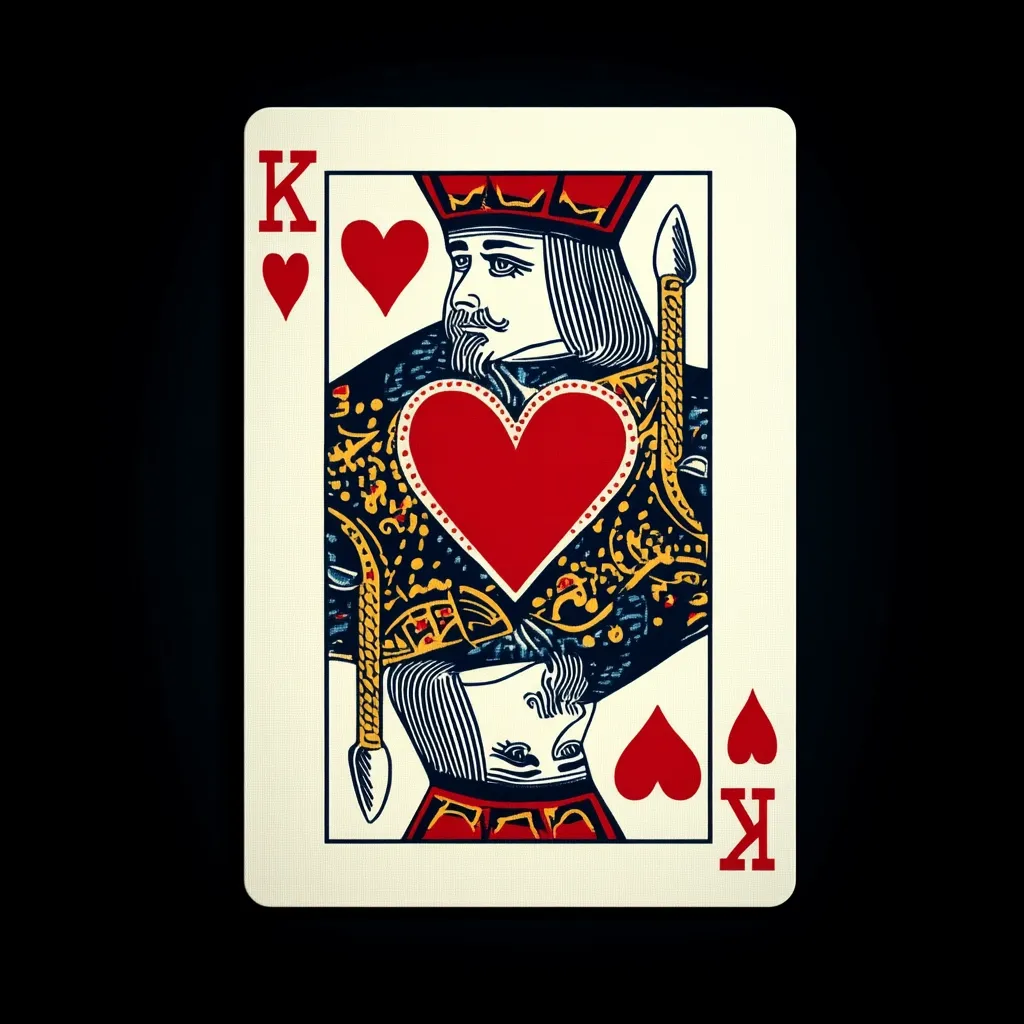 The image shows the King of Hearts playing card.  The King is depicted wearing a crown and ornate clothing, holding a spear. A large red heart is prominently featured on his chest.  The card's design is detailed and classic, with a cream background and bold red and blue coloring.  The "K" and heart symbols are clearly visible in the corners.