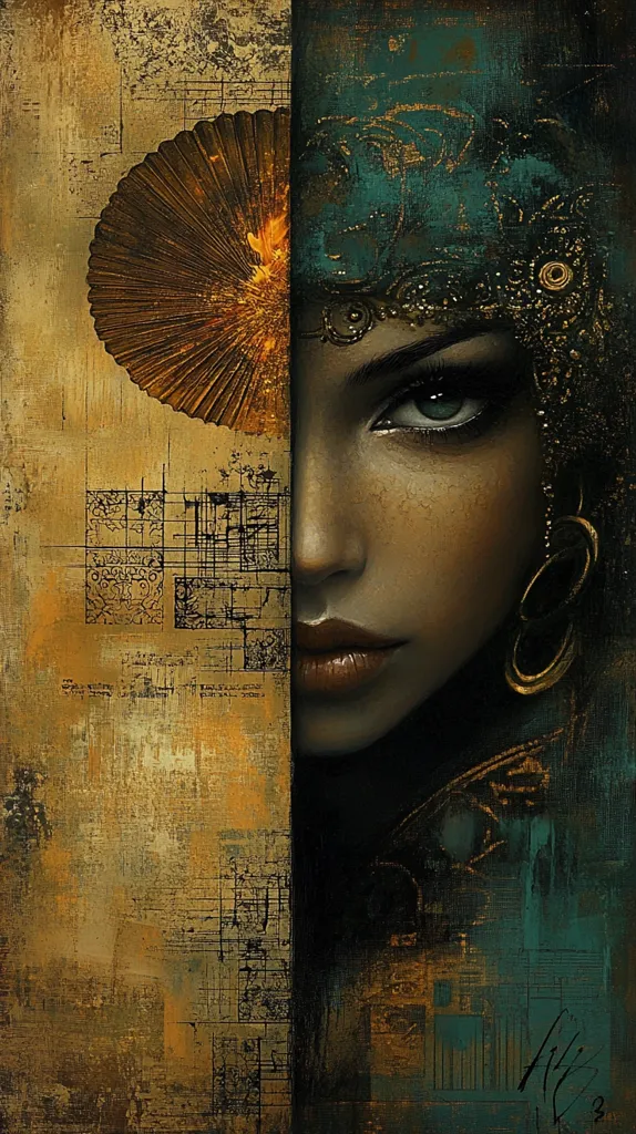 A stylized portrait of a woman's face, partially obscured by a teal veil adorned with gold accents.  The background is a rich tapestry of gold and brown textures, incorporating musical notation and architectural blueprints.  The woman's expression is serious, her gaze intense.  The overall effect is one of mystery and artistic depth, blending elements of realism and abstract expressionism.  A golden, fan-like shape adds to the image's layered complexity.