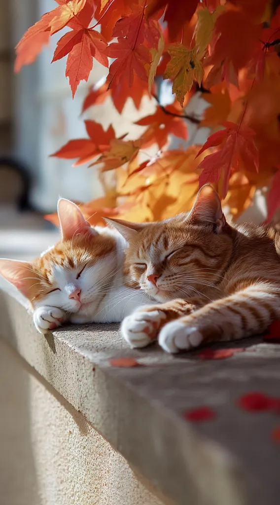Two orange and white cats nap peacefully nestled together under a vibrant autumn maple tree.  Their eyes are closed, suggesting a deep slumber.  The warm sunlight bathes the scene, creating a cozy and tranquil autumnal moment. Fallen leaves sprinkle the surface where the cats rest.