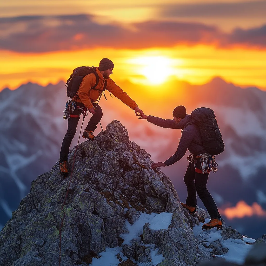 Two mountain climbers assist each other on a rocky peak as the sun sets behind a dramatic mountain range.  One climber, wearing an orange jacket, extends a hand to help the other climber ascend. Both are equipped with backpacks and climbing gear. The scene is bathed in warm sunset hues, creating a breathtaking backdrop to their teamwork and perseverance.  Patches of snow cling to the rocks.