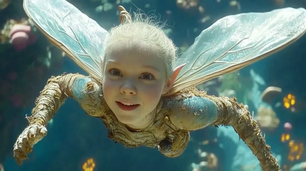 A close-up shot depicts a young girl with pale skin and blonde hair, appearing as a fairy. She possesses large, translucent wings and a body seemingly composed of bark or wood.  Her expression is one of gentle curiosity as she floats in an underwater, luminescent environment filled with vibrant, out-of-focus flora.  The overall aesthetic is whimsical and fantastical.