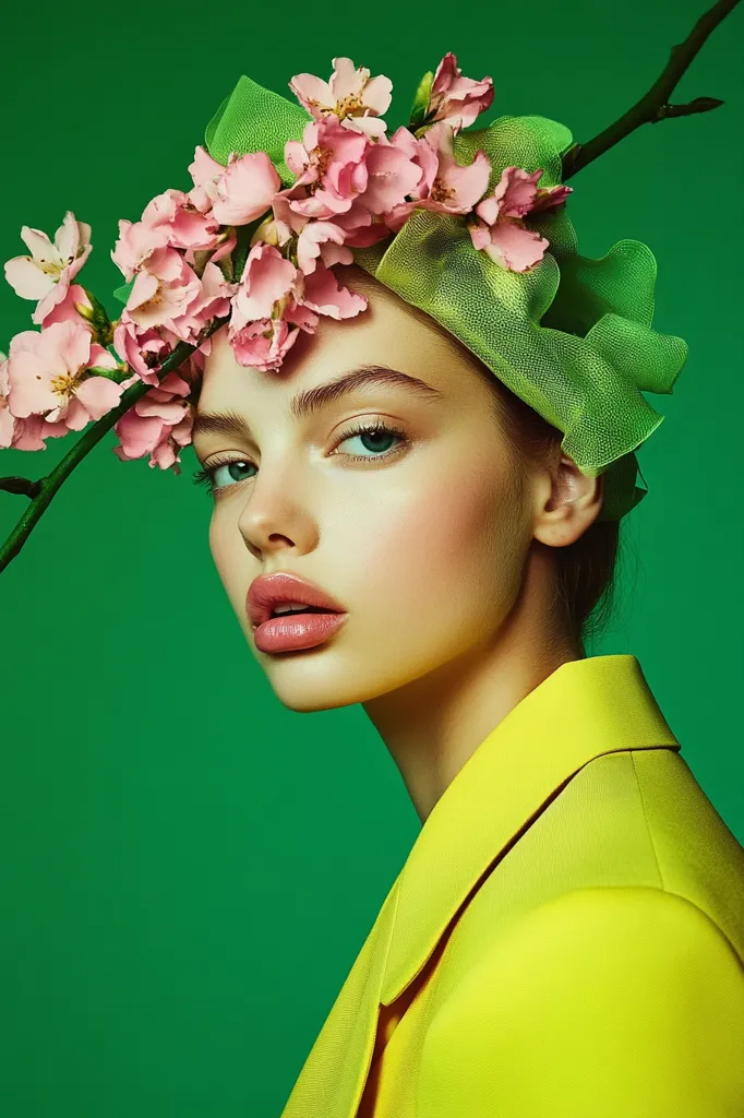 A young woman with flawless makeup wears a vibrant yellow blazer.  Her head is adorned with a delicate arrangement of pink blossoms and light green fabric, creating a striking contrast against the bold green background. The overall effect is one of fresh, springtime beauty and bold style.