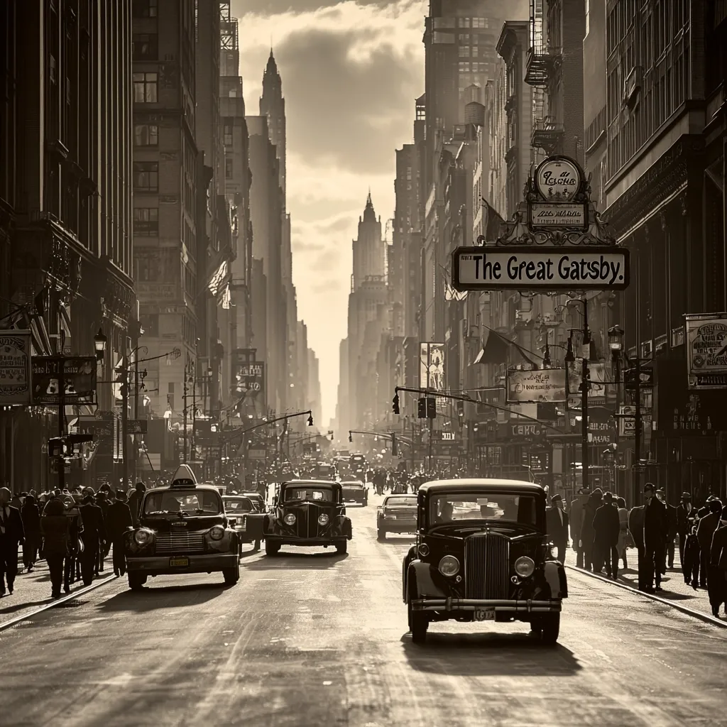 A sepia-toned photograph depicts a bustling 1920s-era New York City street scene.  Tall buildings line a wide avenue filled with vintage cars, including a yellow taxi and several sedans.  Pedestrians walk along the sidewalks, and a sign reading "The Great Gatsby" hangs prominently above the street, creating a nostalgic and evocative atmosphere.  The sun casts long shadows, enhancing the image's depth and historical feel.