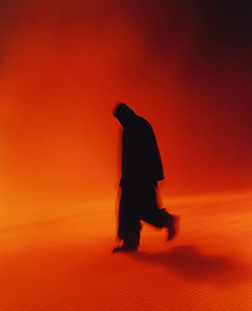 A blurred silhouette of a person in a hooded robe walks across a vibrant orange desert landscape. The figure is slightly hunched over, suggesting movement and a sense of solitude. The intense orange background creates a dramatic and almost surreal atmosphere, emphasizing the isolation of the lone traveler in the vast expanse of sand.  The image evokes a feeling of mystery and journey.