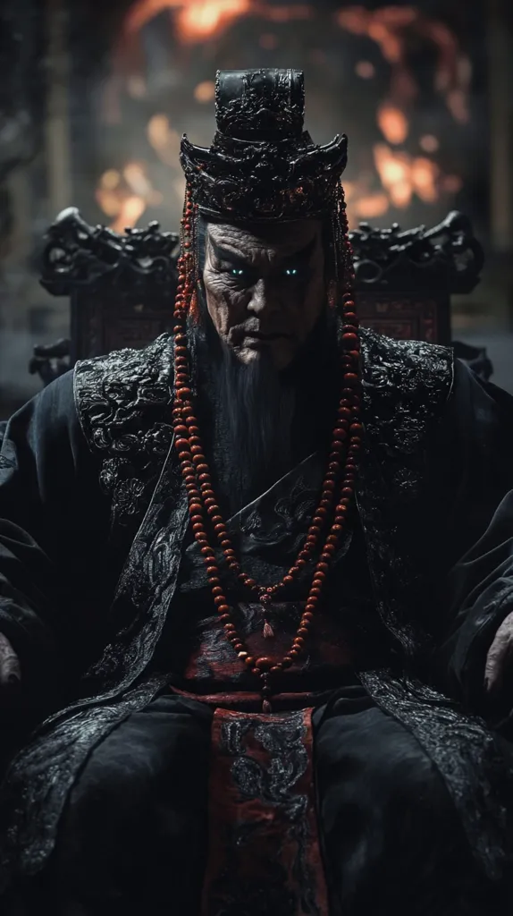 An elderly man, with an intense gaze and glowing eyes, sits regally upon a dark throne.  He's adorned in elaborate, dark robes intricately embroidered with silver thread, a red beaded necklace, and a dark, ornate crown.  The background is blurred, showing fiery embers, adding to the mysterious and powerful atmosphere.  His expression is serious, conveying authority and perhaps a hint of menace.