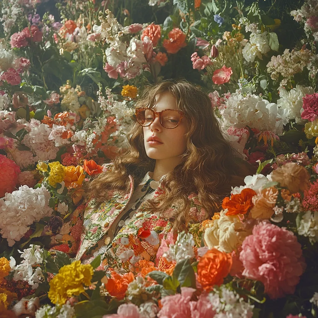 A young woman with long, wavy brown hair rests amidst a vibrant profusion of flowers.  She wears tortoiseshell glasses and a floral-patterned jacket, blending seamlessly with the colorful blooms surrounding her. The image evokes a feeling of serenity and natural beauty, capturing a moment of peaceful immersion in a floral paradise. The warm, soft light enhances the overall romantic atmosphere.