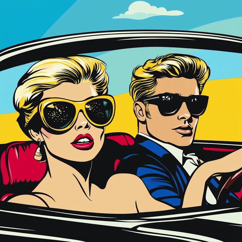 A stylish couple enjoys a sunny drive in a classic convertible.  The woman, with blonde hair and star-patterned sunglasses, sits beside a sharply dressed man with blond hair and dark sunglasses, who is driving.  The pop art style image is vibrant and bold, evoking a sense of mid-century glamour and freedom. The background features a bright yellow landscape and a clear blue sky.