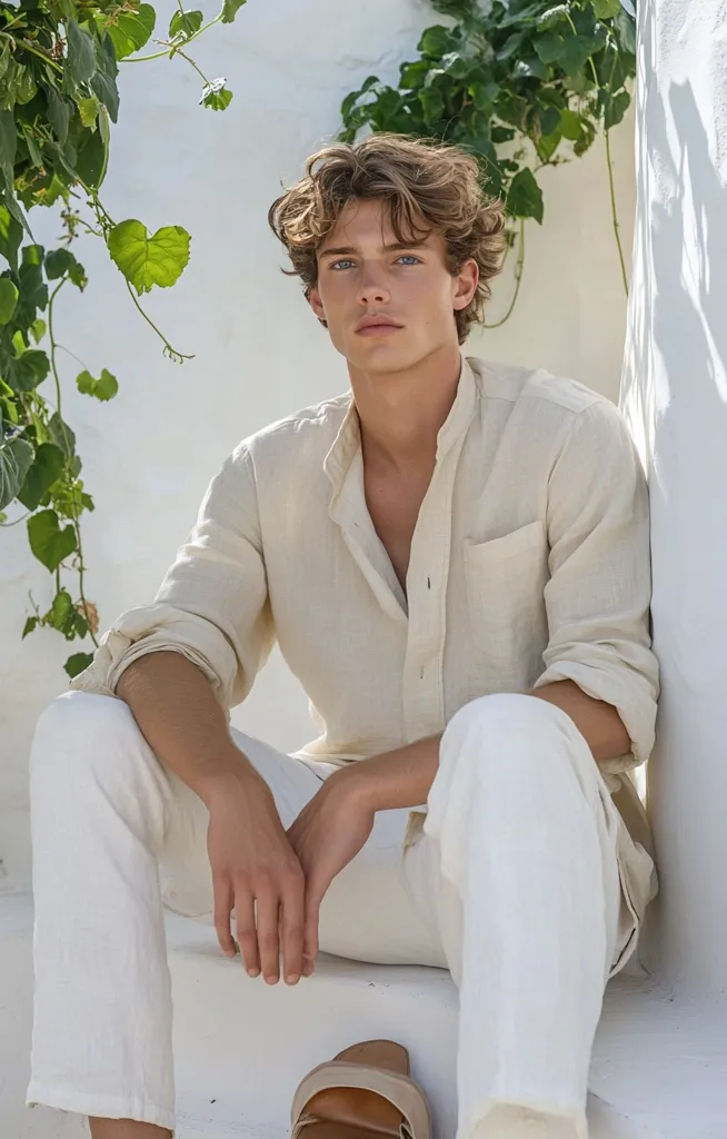 A young man with light brown, curly hair sits against a white wall, partially obscured by green foliage. He's wearing a cream-colored linen shirt and matching trousers, exuding a relaxed, summery vibe. His pose is casual, hands resting on his knees, and he gazes directly at the camera.  The overall aesthetic is clean, bright, and effortlessly stylish.  A hint of brown footwear is visible at the bottom.