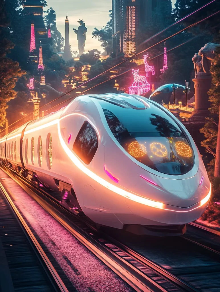 A futuristic, sleek white high-speed train speeds through a vibrant cityscape at twilight.  Neon lights illuminate the train and surrounding architecture, featuring iconic landmarks like the Statue of Liberty and Eiffel Tower-esque structures.  Festive decorations, including glowing animal figures, adorn the cityscape, creating a magical, almost dreamlike atmosphere. The train's design is modern and elegant, its smooth curves contrasting with the sharp lines of the buildings.