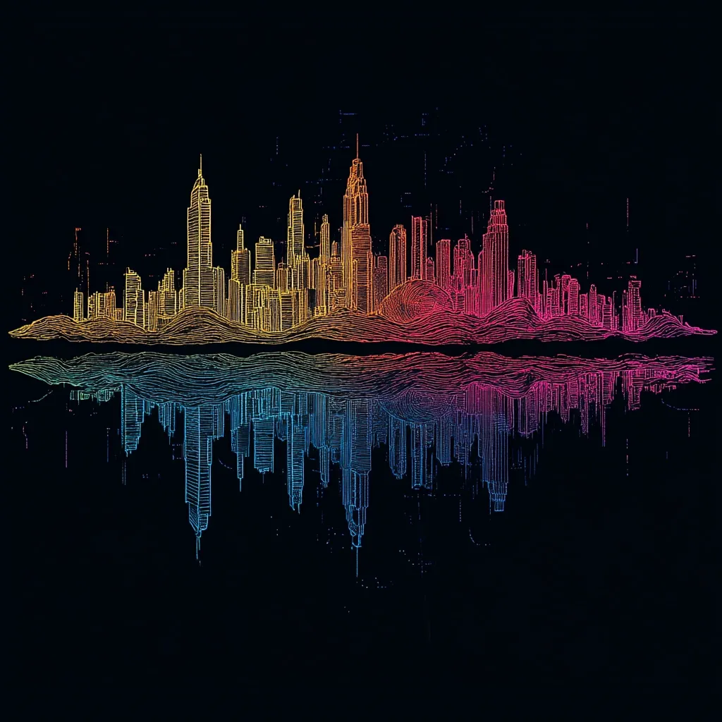 A stylized cityscape is depicted, rendered in vibrant, multicolored lines against a black background.  The city skyline is mirrored in a water reflection below, creating a symmetrical, almost dreamlike image.  The colors shift from warm tones at the top to cool tones in the reflection, enhancing the visual depth and artistic effect.  The lines suggest a sketch-like quality, giving the artwork a hand-drawn feel.