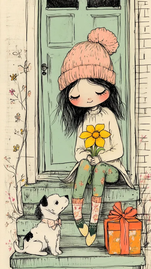 A charming illustration depicts a girl in a pink beanie sitting on steps, holding a yellow flower.  A small dog sits beside her, looking up expectantly. A gift with an orange ribbon rests nearby, adding to the cheerful and heartwarming scene. The style is whimsical and slightly nostalgic, with a muted color palette and detailed linework.  The overall feeling is one of gentle kindness and anticipation.