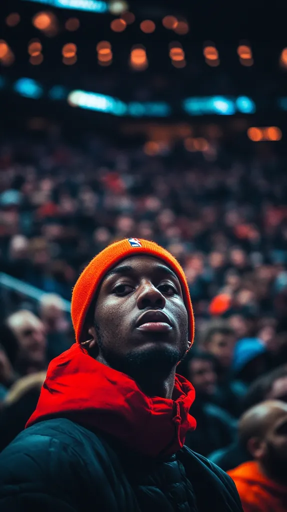 Close-up of a young Black man wearing an orange beanie and red hooded jacket.  He's seated in a crowded stadium, the blurred background suggesting a sporting event.  The man's expression is serious and contemplative, his gaze directed slightly upward.  The image is dark and moody, with vibrant pops of color from his clothing.
