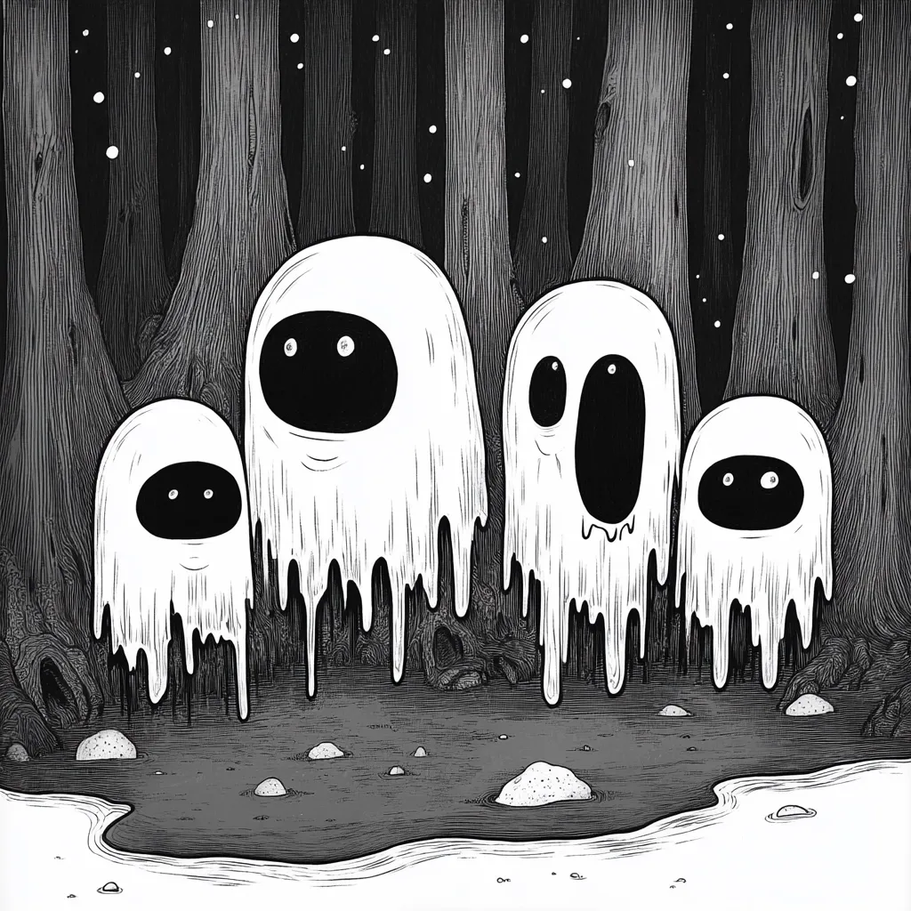 Four melting ghosts stand in a dark, shadowy forest.  The ghosts vary in expression, from serene to apprehensive.  They appear to be standing in a small, dark pool of water, surrounded by rocks and small pebbles.  The style is reminiscent of a dark, whimsical children's book illustration, with detailed linework and stark black and white contrast.  Small, glowing lights dot the background.