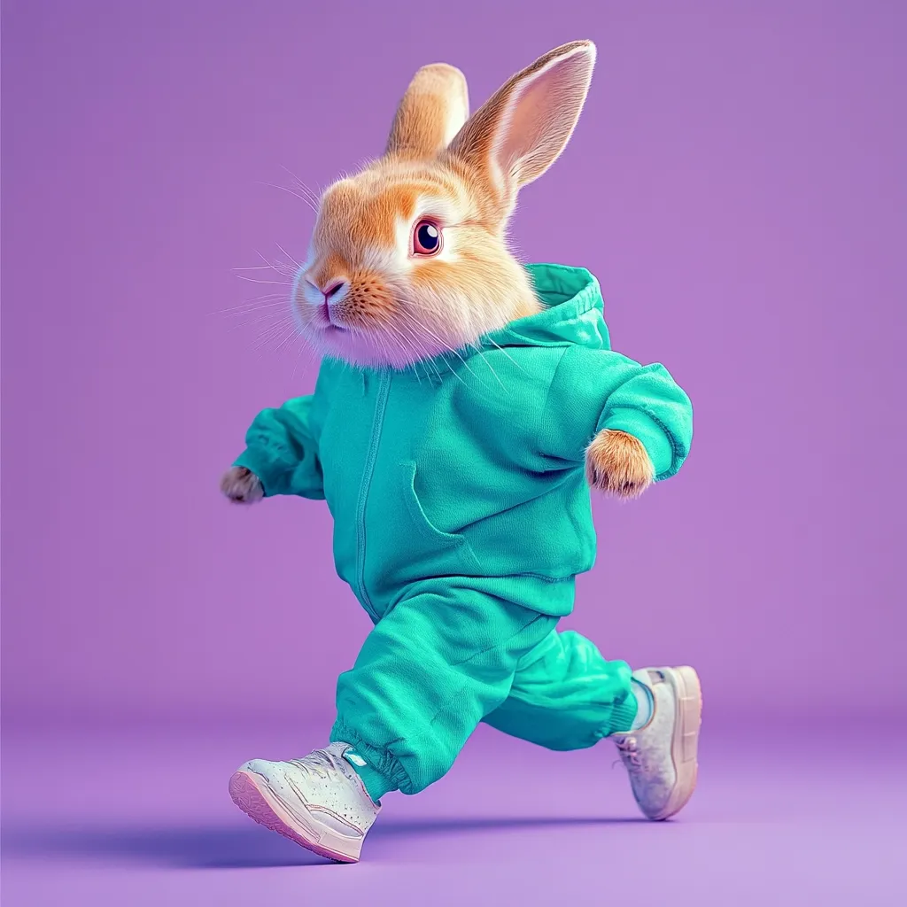A cute, fluffy brown rabbit is captured mid-stride, sporting a vibrant teal tracksuit and white sneakers.  The rabbit's expressive eyes and determined posture suggest a sense of playful energy. The contrasting colors of the outfit and background create a visually appealing image, highlighting the whimsical nature of the scene.  The rabbit appears to be running with purpose against a solid purple backdrop.