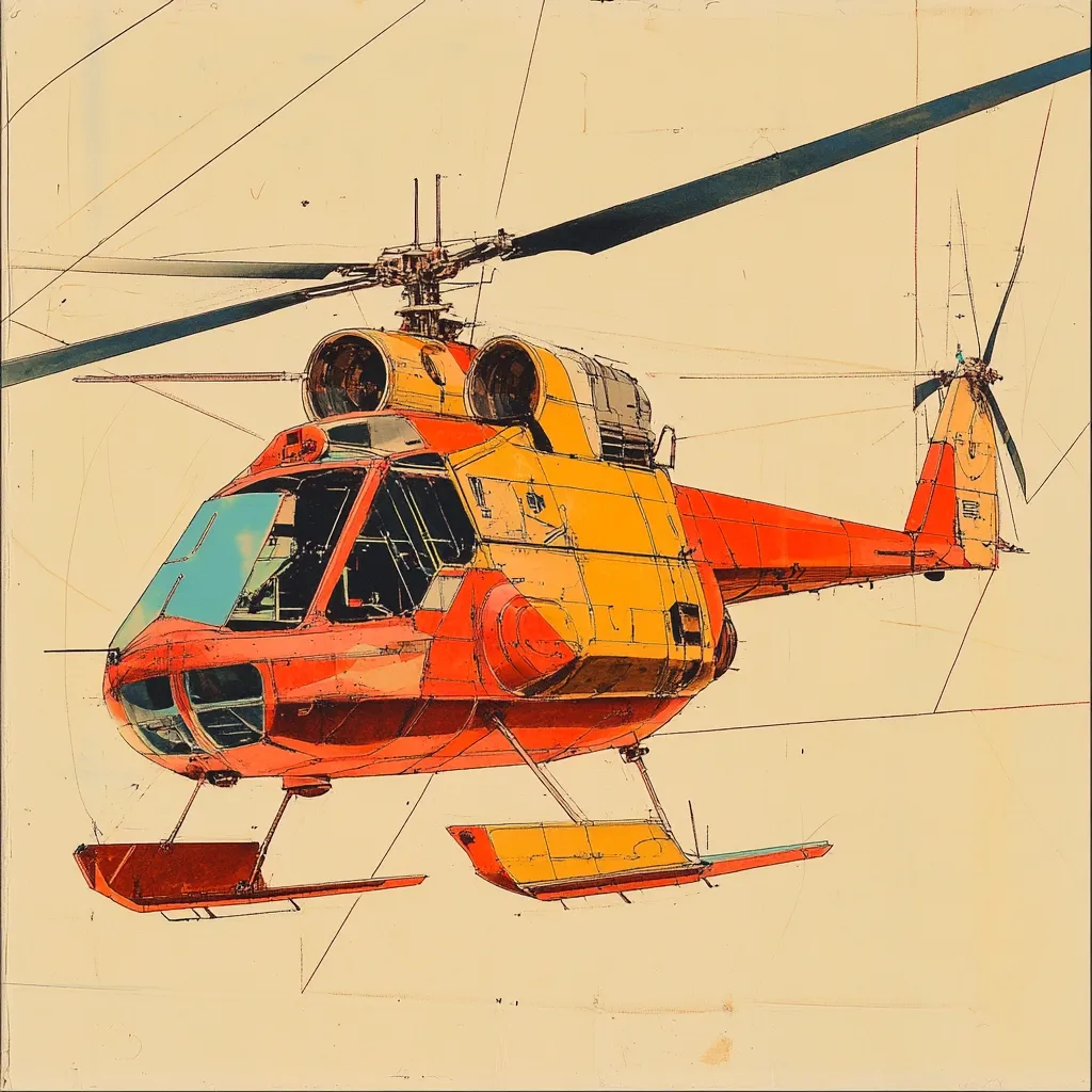 A stylized illustration of a helicopter, predominantly red and yellow, is presented.  The artwork incorporates a technical drawing aesthetic with visible lines and construction details. The helicopter’s design is futuristic, with sleek lines and a prominent cockpit. The background is a muted beige, enhancing the vibrant colors of the aircraft. The overall style blends technical precision with artistic expression.