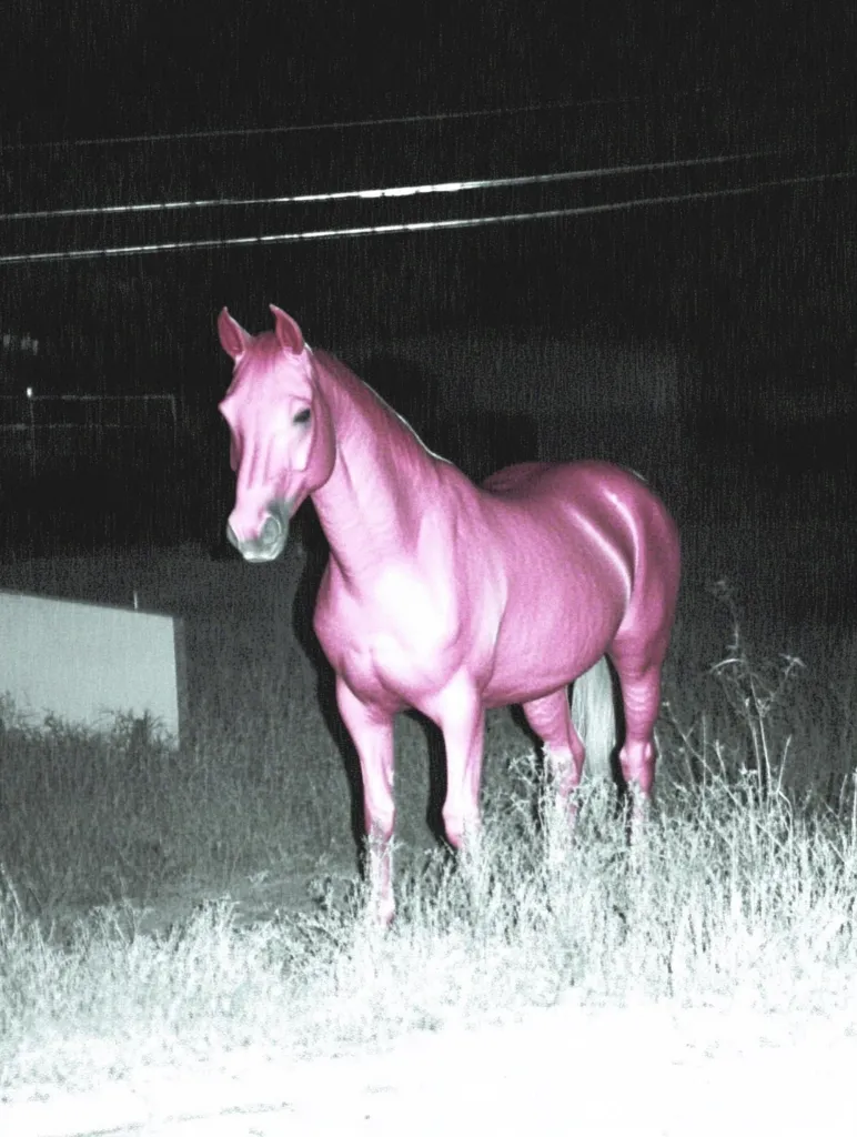 A pink horse stands in overgrown grass at night.  The image is stylized, with the horse appearing unnaturally pink against a grayscale background.  Power lines are visible in the distance, suggesting a rural setting. The overall effect is surreal and dreamlike.