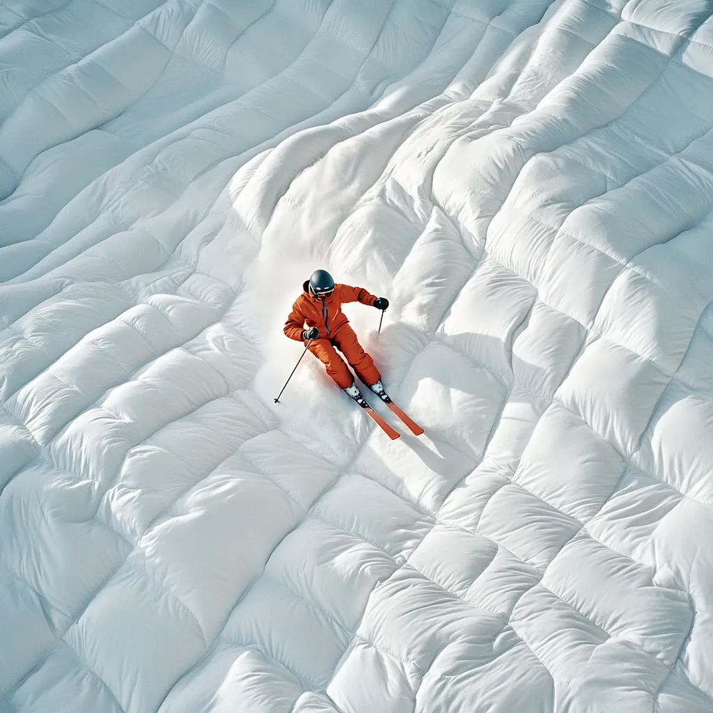 An aerial view captures a skier in an orange suit gliding down a uniquely textured slope. The snow is sculpted into large, puffy, rectangular shapes resembling an enormous, white comforter.  The skier carves a smooth path, leaving a small trail of disturbed snow in their wake. The scene is bright, suggesting a sunny day.