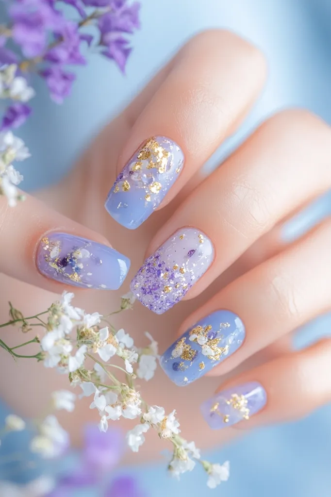 A close-up showcases a hand adorned with elegant nail art. Each nail is painted a delicate gradient of light and dark blue, embellished with gold foil accents and tiny purple glitter.  Some nails feature embedded dried flowers, adding a touch of natural beauty. The nails are displayed against a soft blue background, complemented by sprigs of white and purple flowers. The overall aesthetic is feminine and sophisticated.