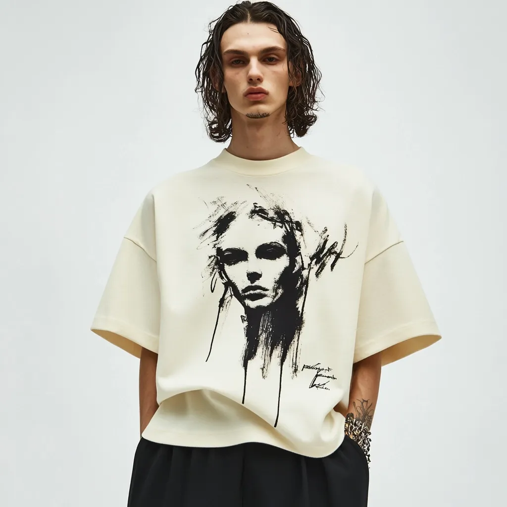 A model with long brown hair wears an off-white oversized t-shirt.  The shirt features a large, stylized black and white graphic of a woman's face, rendered in a painterly style with visible brushstrokes.  The model also wears black pants and several bracelets on one wrist.  The overall aesthetic is minimalist and modern.