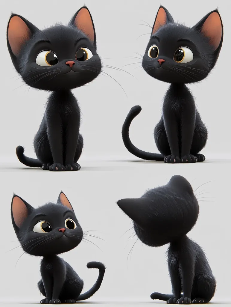 Four different views of an adorable, cartoonish black kitten are presented.  The kitten is rendered in 3D, with large expressive eyes and a fluffy coat.  The poses vary, showing the kitten from the front, side, and back, showcasing its charm from multiple angles.  The background is a simple, neutral gray, focusing attention solely on the cute feline.