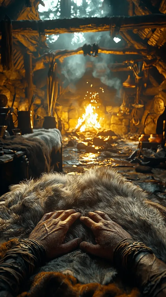 A weathered hand rests on a thick fur pelt inside a rustic, dimly lit hut.  A crackling fire casts a warm glow on the stone walls and earthen floor.  The atmosphere is one of solitude and quiet contemplation, with various tools and possessions scattered around.  The scene evokes a feeling of ancient times and simple living.