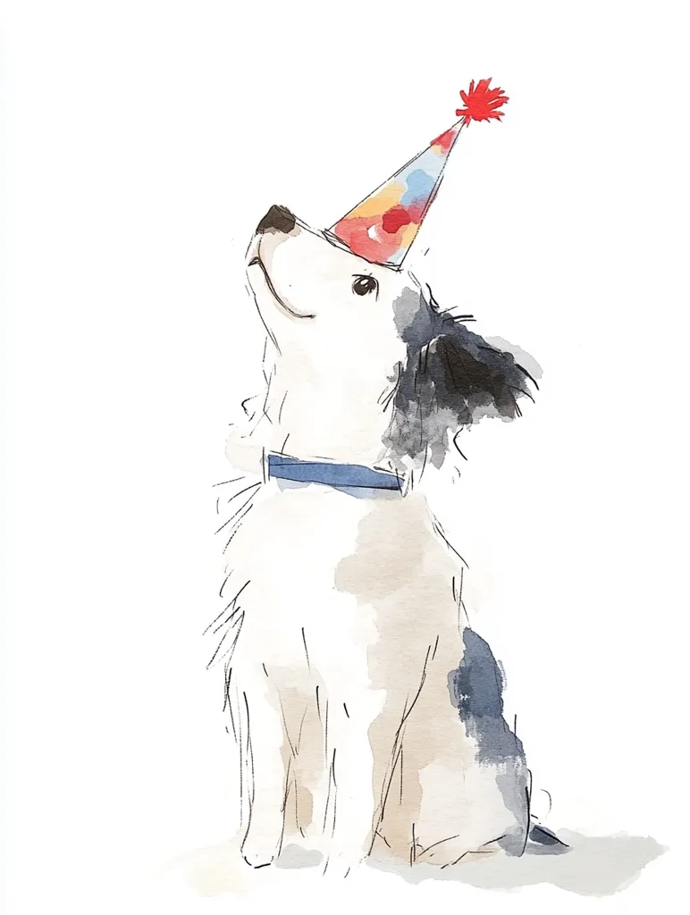 A watercolor painting depicts a charming border collie puppy.  The pup is seated, gazing upward, wearing a colorful party hat.  Its expression is sweet and expectant.  A simple blue collar adds a touch of elegance to the whimsical scene. The style is light and airy, with soft washes of color emphasizing the dog's fluffy fur.