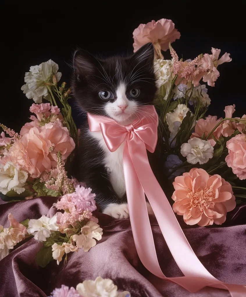 A tuxedo kitten with a pink bow sits amidst a vibrant bouquet of pink, peach, and white flowers.  The kitten's white chest and paws contrast beautifully against its black fur. The flowers are artfully arranged on a deep mauve velvet fabric, creating a soft and elegant backdrop. The overall image evokes feelings of sweetness and gentleness.