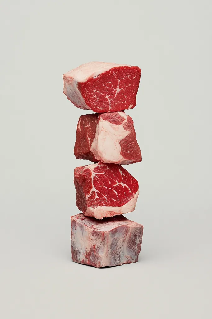 A stack of four raw beef cuts is artfully arranged against a light gray backdrop.  The top cut is a  larger, flatter piece, followed by a slightly smaller, more cubed piece.  A similar sized cut is below that, with a larger, blockier cut forming the base of the stack.  The marbling and rich red color of the meat are clearly visible.