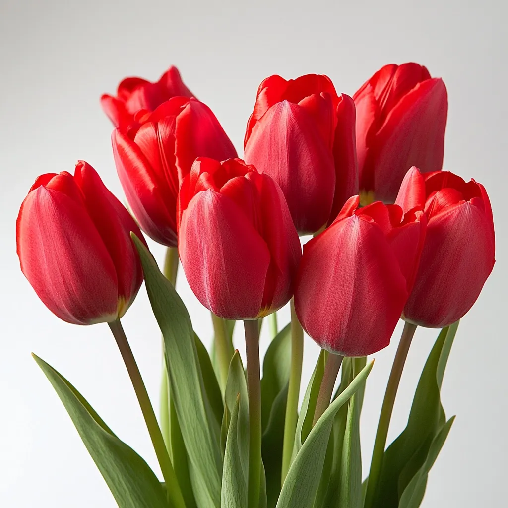 A close-up shot reveals a vibrant bouquet of seven red tulips.  Their deep crimson petals are perfectly formed, and their long, slender stems are surrounded by lush green leaves.  The tulips are arranged in a visually appealing cluster against a soft, light gray background, creating a striking contrast and emphasizing the flowers' rich color.  The image exudes freshness and elegance.