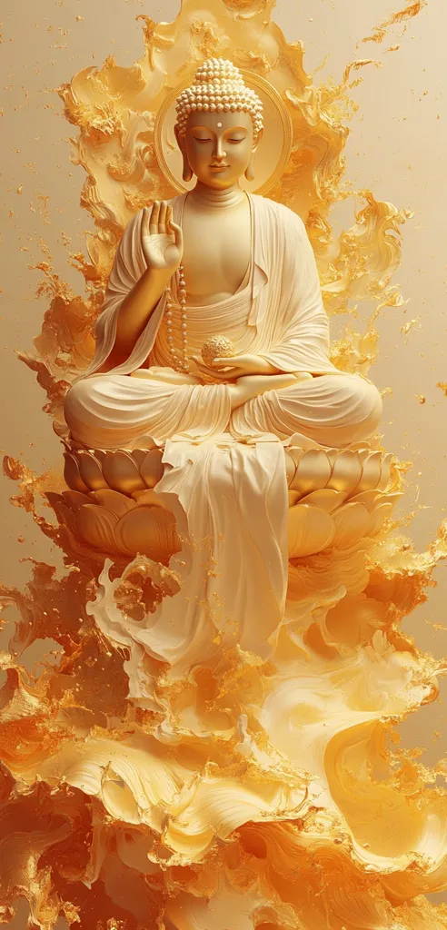A serene depiction of Buddha, rendered in gold and cream hues, sits in a lotus position atop a golden lotus flower.  The figure is bathed in swirling, fluid gold, creating a dynamic and spiritual atmosphere.  Buddha's expression is peaceful, his hand raised in a gesture of blessing.  The overall effect is one of tranquility and enlightenment.