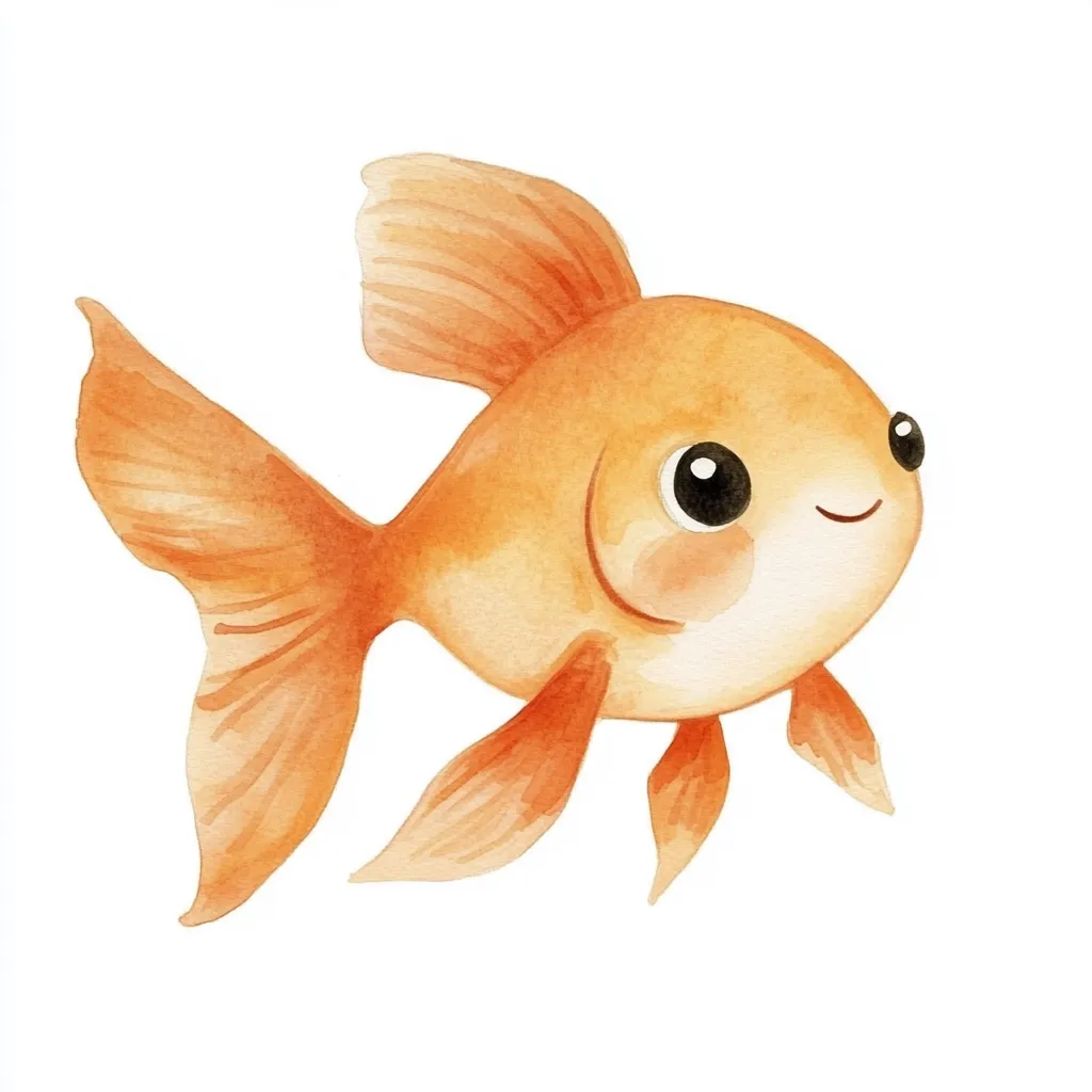 A charming watercolor painting depicts a goldfish.  Its body is a warm, light orange, and its large, expressive eyes convey a happy demeanor. The fins are delicately rendered, showing a soft, flowing texture.  The goldfish is presented against a stark white background, making its vibrant colors pop.  The overall style is cute and whimsical, ideal for children's illustrations or greeting cards.