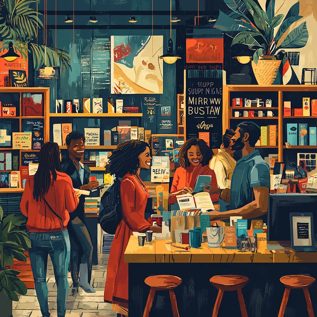 A vibrant illustration depicts a bustling bookstore café.  Several Black adults browse books and socialize near a counter displaying coffees and merchandise. The warm lighting and rich colors create a welcoming atmosphere. Bookshelves are filled with various titles, enhancing the bookstore's character.  The scene is lively, conveying a sense of community and intellectual engagement.