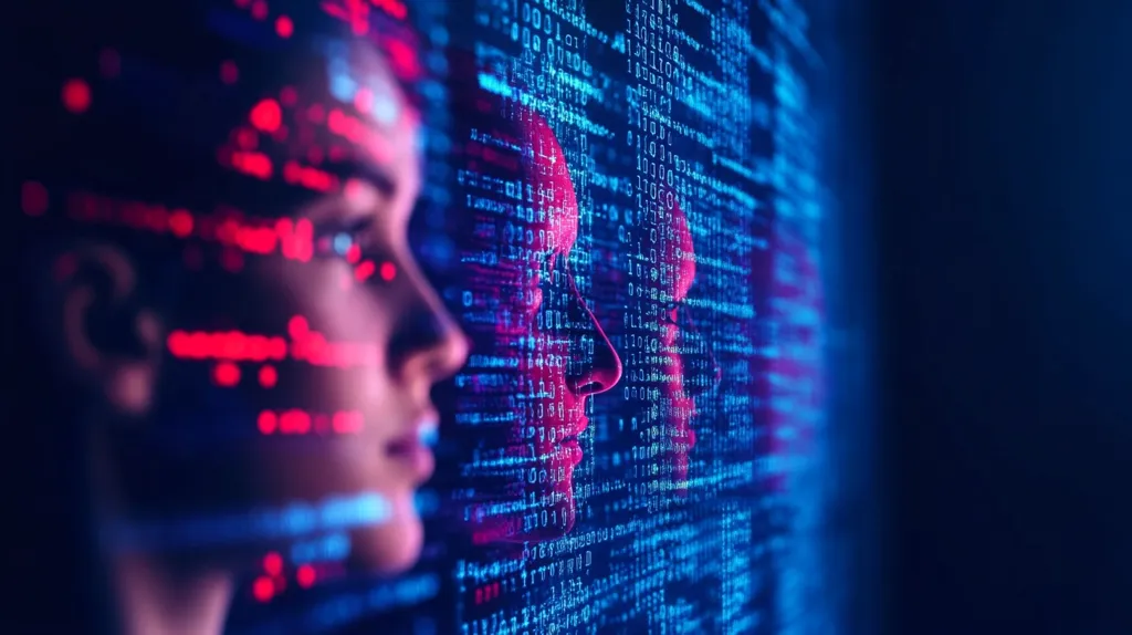 Two faces are superimposed on a background of blue and red binary code.  The digital overlay creates a futuristic, almost ghostly effect. The image evokes themes of technology, artificial intelligence, and the merging of the digital and physical worlds.  The overall mood is one of mystery and technological advancement.